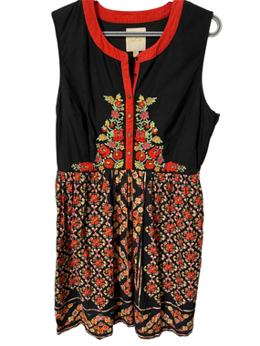 Modcloth Black Dress with Red Print and Multicolour Floral Embroidery Size XL